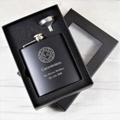 Personalised Black Wedding Hip Flask With Round Crest Design