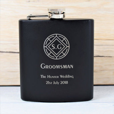Personalised Black Wedding Hip Flask With Round Crest Design
