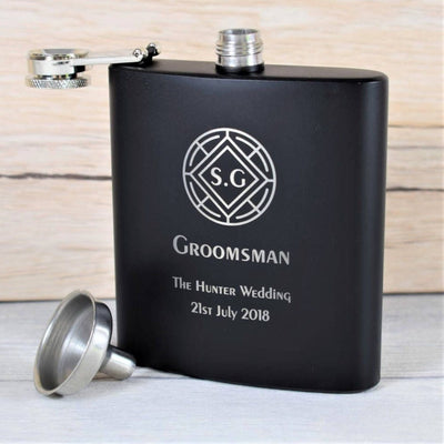 Personalised Black Wedding Hip Flask With Round Crest Design