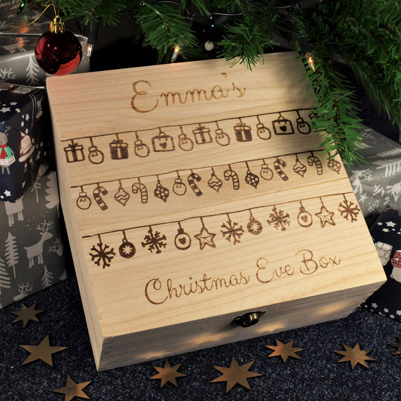 Personalised, Engraved Wooden Christmas Eve Box - Christmas Baubles