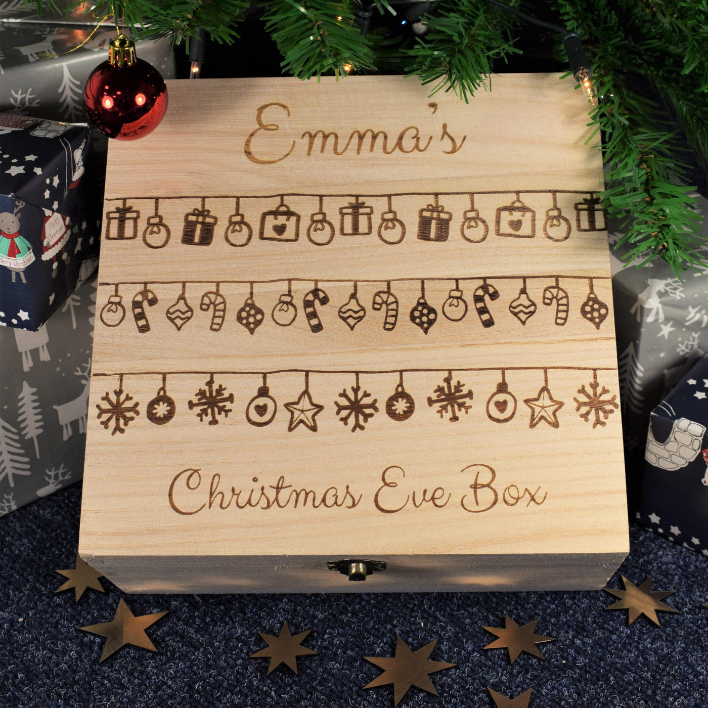 Personalised, Engraved Wooden Christmas Eve Box - Christmas Baubles