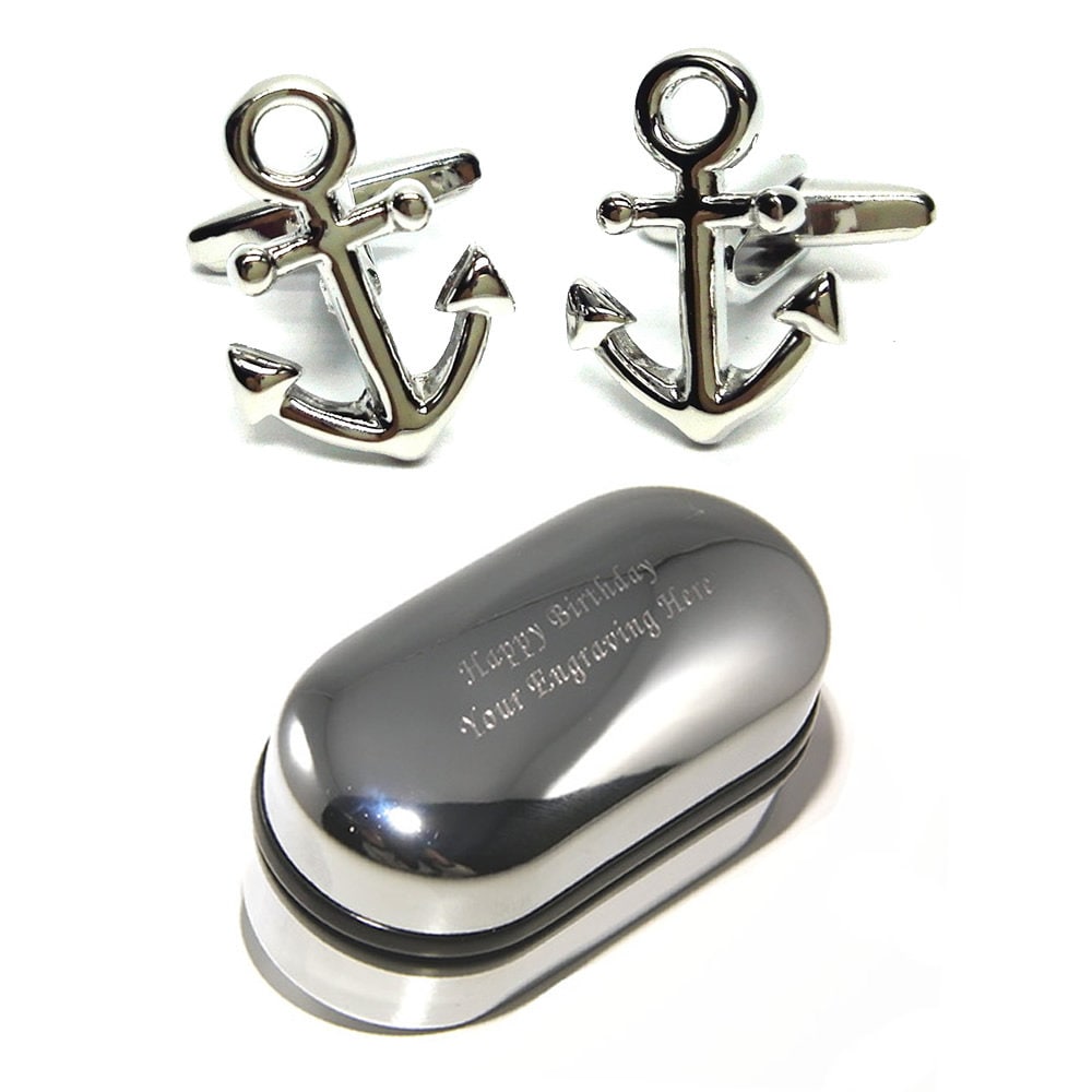 Anchor Cufflinks Nautical Sailing Ships Cufflinks & Engraved Gift Box - Novelty Cufflinks, Quirky Cufflinks, Personalised Cufflinks Box