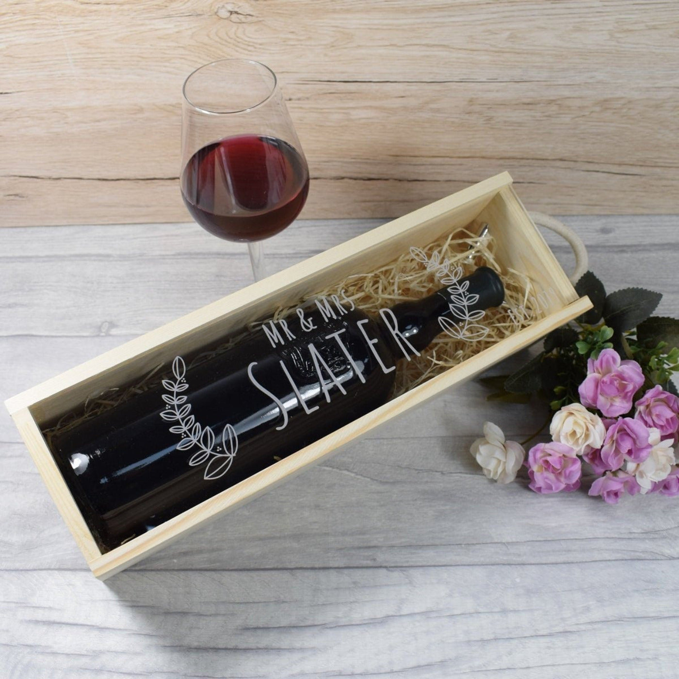 Personalised Wine Box With Clear Lid - Mr & Mrs With Leaves
