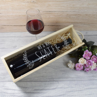 Personalised Wine Box With Clear Lid - Mr & Mrs With Leaves