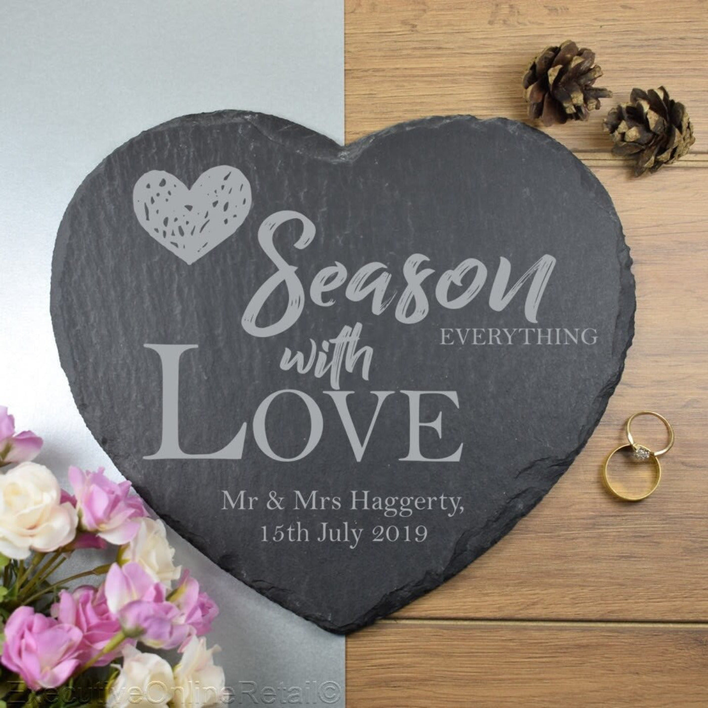 Personalised Heart Slate Placemat Engraved, Seasoned with Love,  Valentines Gift, Wedding Gift, Mothers Day, Fathers Day, Housewarming