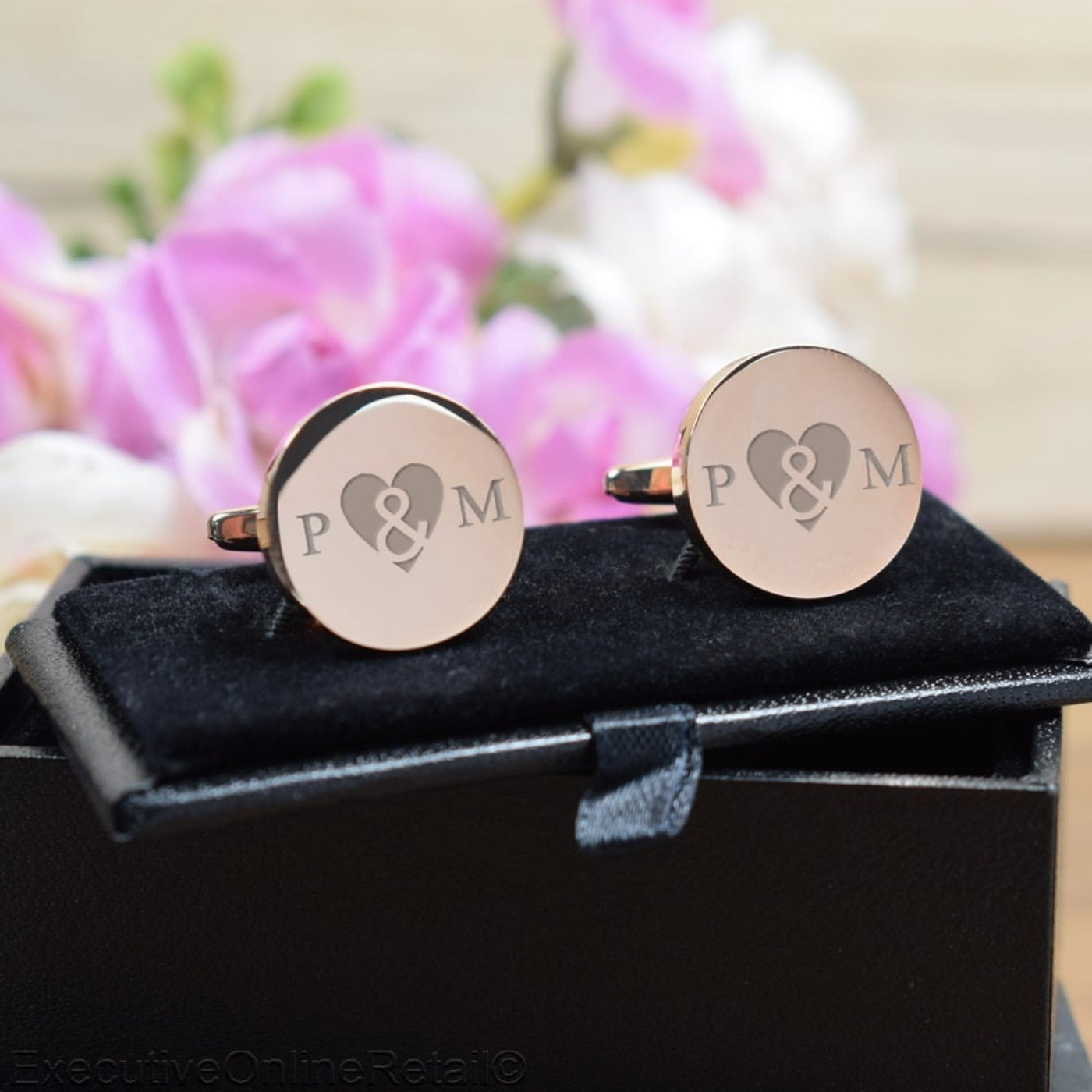 Personalised Rose Gold Round Cufflinks - Wedding, Heart Initial