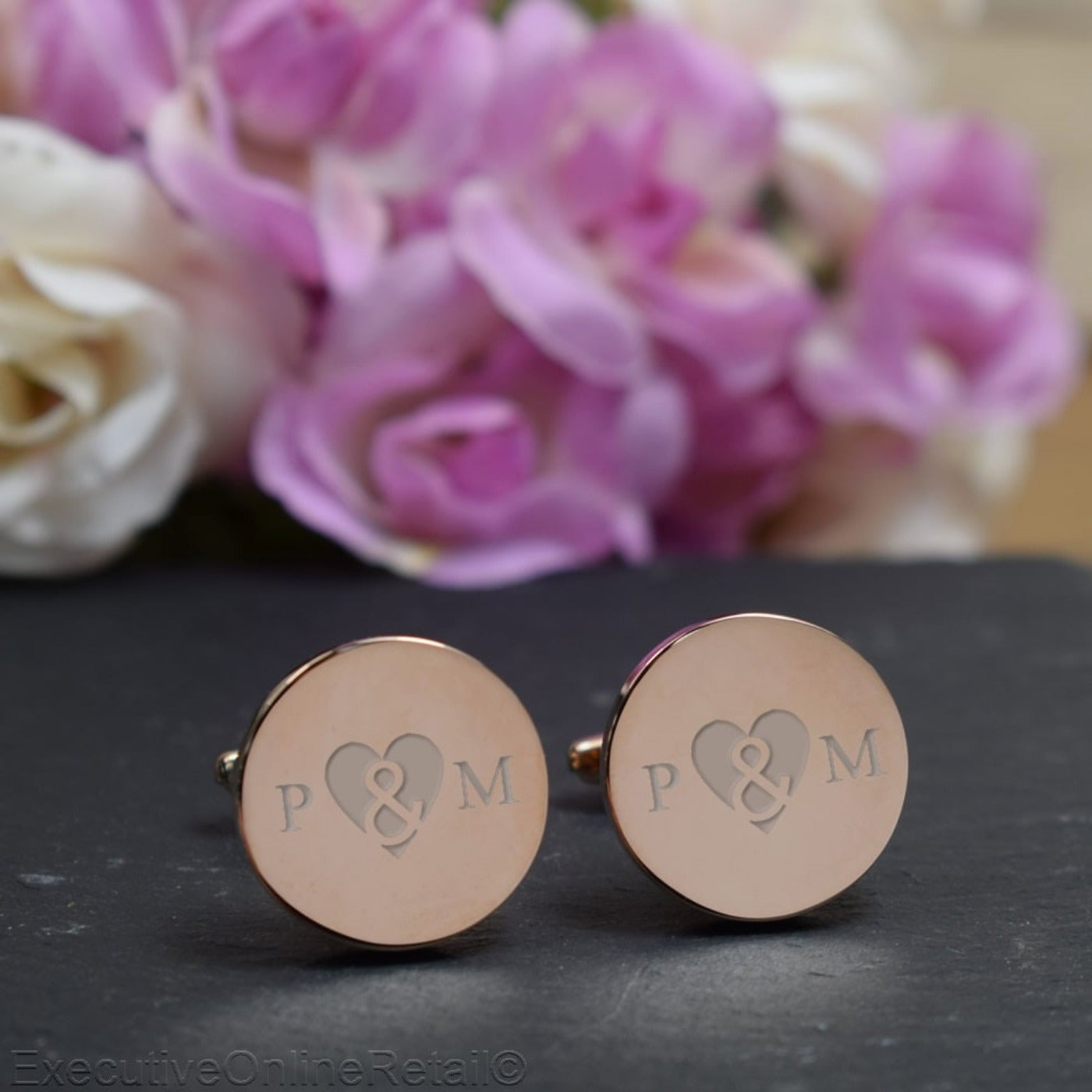 Personalised Rose Gold Round Cufflinks - Wedding, Heart Initial