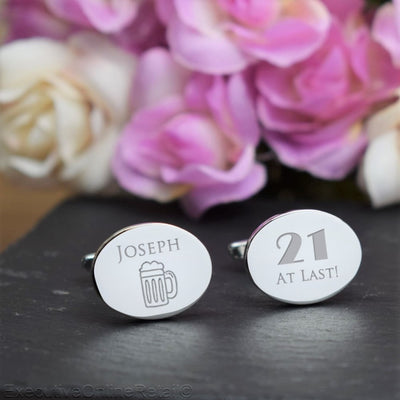 Engraved Silver Oval Cufflinks - 21st Birthday
