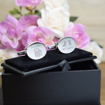 Engraved Silver Oval Cufflinks - 21st Birthday