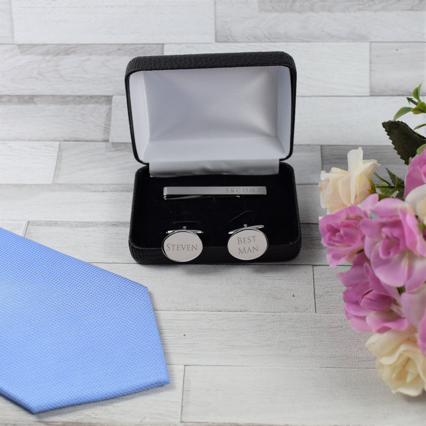 Mens Engraved Silver Tie Slide & Oval Cufflink Set