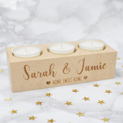 Personalised Wooden Tealight Holder - Home Sweet Home Hearts