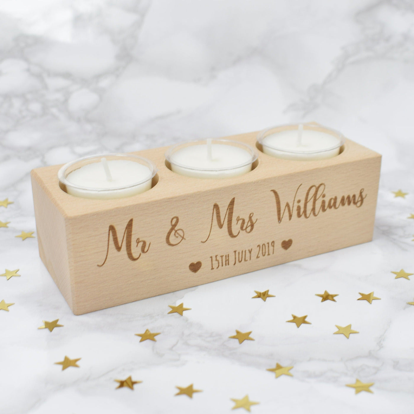 Personalised Wooden Tealight Holder - Mr & Mrs Hearts