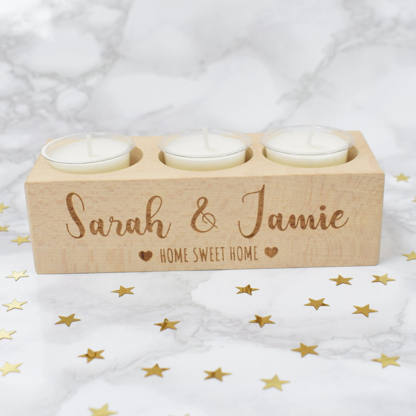 Personalised Wooden Tealight Holder - Home Sweet Home Hearts