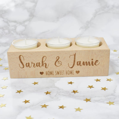 Personalised Wooden Tealight Holder - Home Sweet Home Hearts