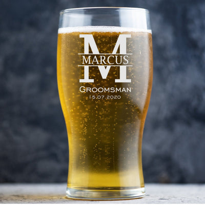 Personalised Wedding Beer Glass Classic Design - Name with Large Initial