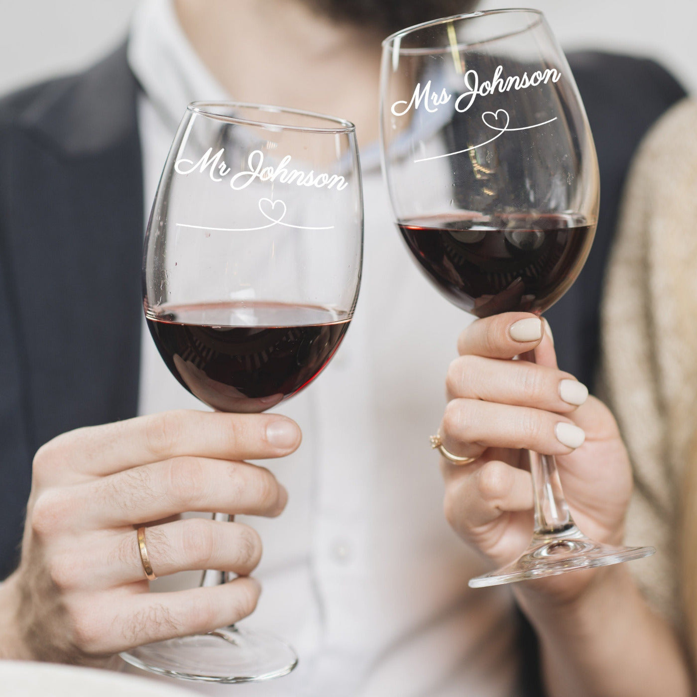 Set of 2 Personalised, Engraved Wine Glasses - Mr & Mrs with Heart