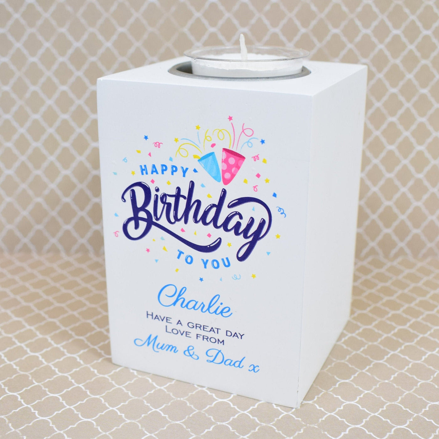 Personalised Printed White Wooden Tealight Candle Holder - Happy Birthday - Personalised Birthday Gift - Solid Wood - Handmade