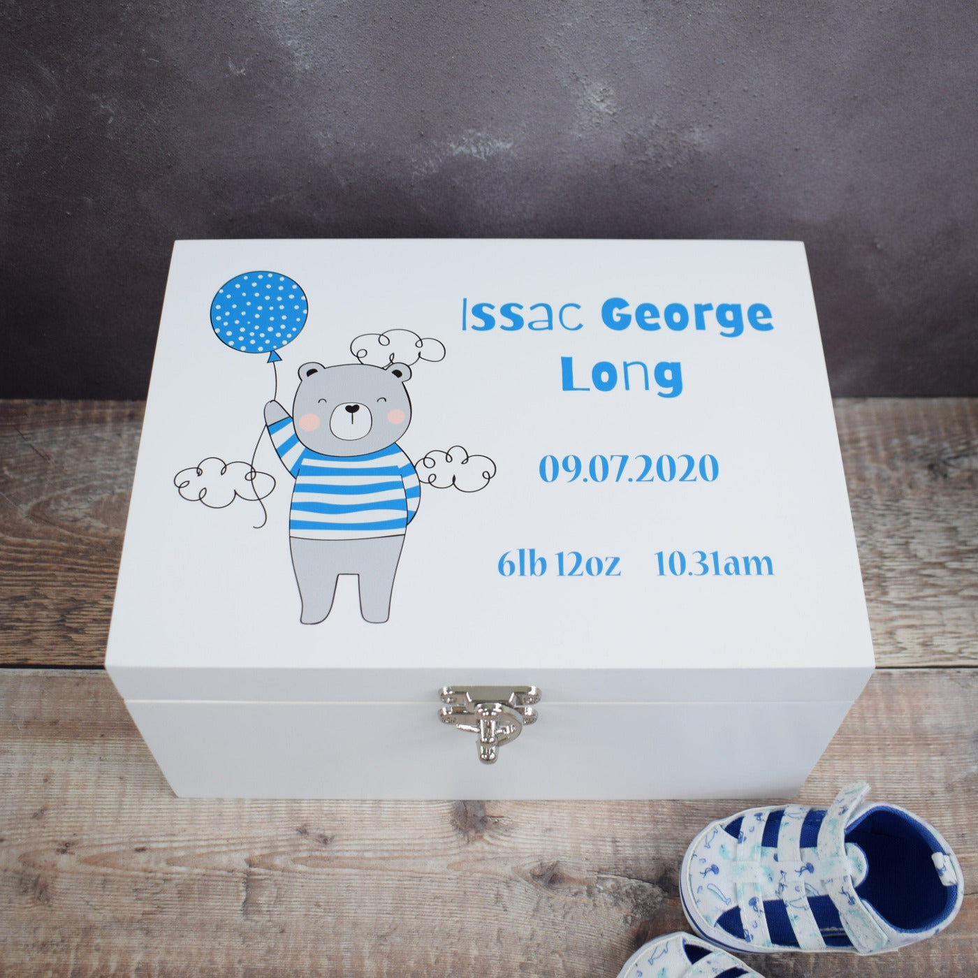 Personalised New Baby Keepsake Box - White Wooden Baby Memory Boxes, New Baby Gifts, New Mam's, Christening Gift, Bear Balloon - Blue