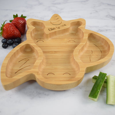 Personalised Children's Bamboo Weaning Plate with Pink Suction Ring - Unicorn
