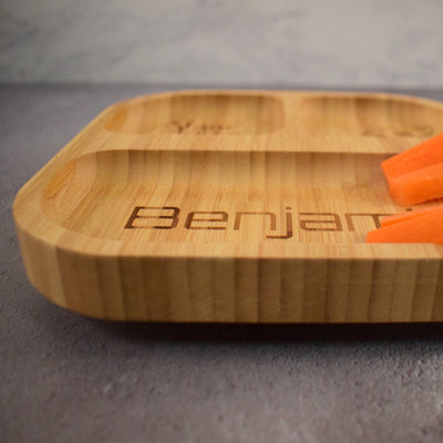 Personalised Engraved Bamboo Children's Plate - Weaning - Baby Gift - Toddler Gifts- 4 Section Square Bamboo Plate with Suction