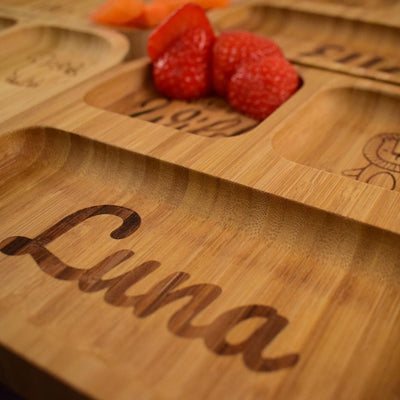 Personalised Engraved Bamboo Children's Plate - Weaning - Baby Gift - Toddler Gifts- 4 Section Square Bamboo Plate with Suction