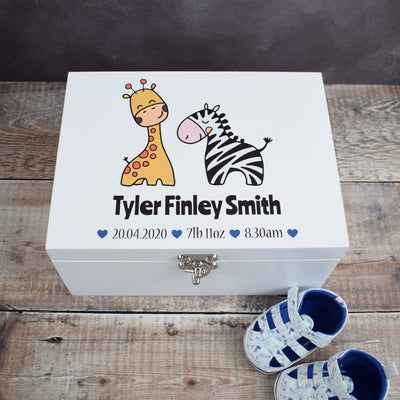 Personalised Baby Memory Box - Wooden Baby Keepsake Boxes, New Baby Gifts for Baby, New Mam's, Christening Gift, Zebra & Giraffe - Blue