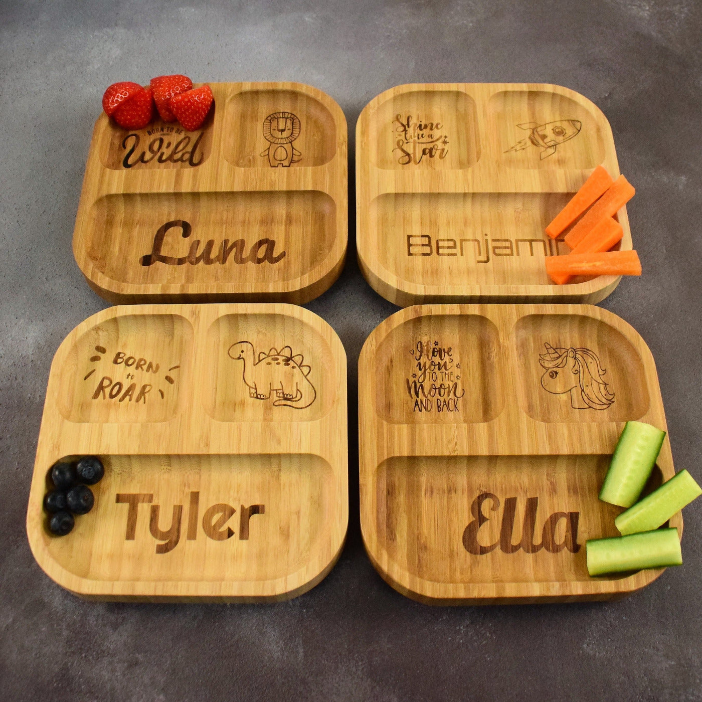Personalised Engraved Bamboo Children's Plate - Weaning - Baby Gift - Toddler Gifts- 4 Section Square Bamboo Plate with Suction