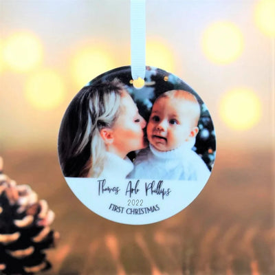 Personalised Ceramic First Christmas Bauble - Custom Photo & Script
